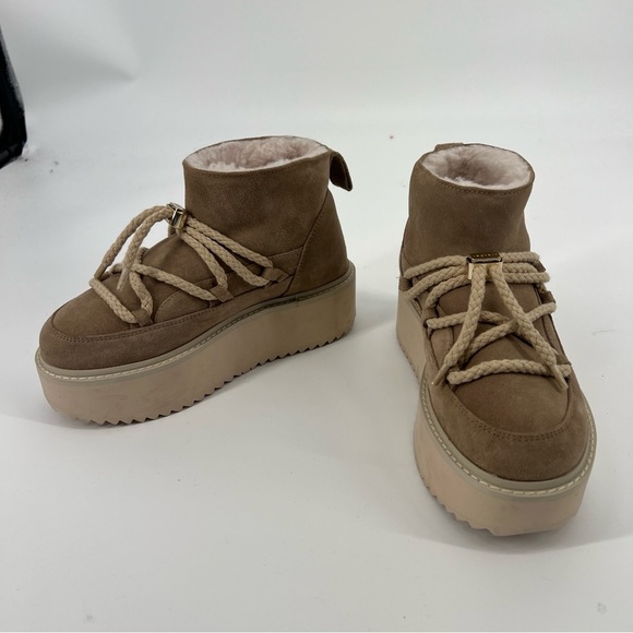 INUIKII Tan Shearling Lined Suede Platform Lace Up Low Winter Comfort Boots 38 - Picture 6 of 10